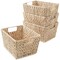 Casafield Set of 4 Water Hyacinth Storage Baskets with Handles, Woven Rectangular Storage Bins for Shelves, Blankets, Laundry Organization